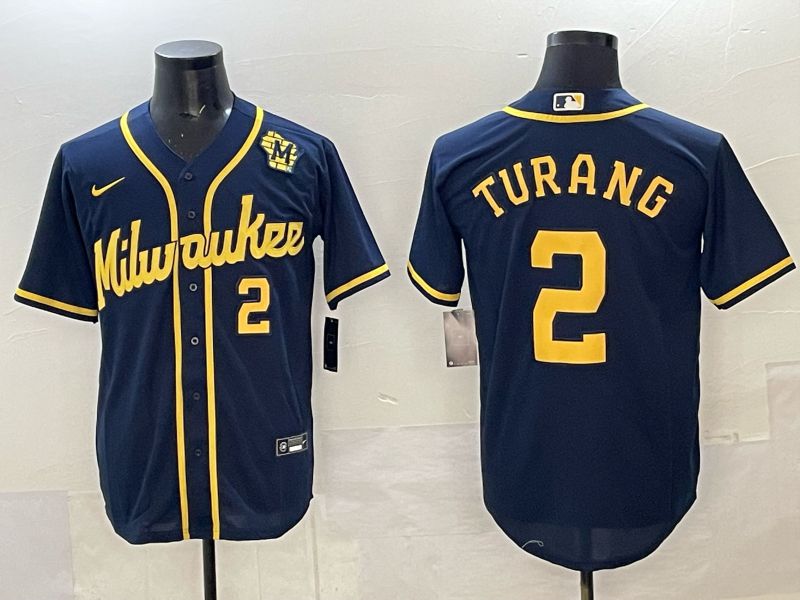 Men Milwaukee Brewers #2 Turang Drak Blue Nike MLB 2025 Jersey 06->milwaukee brewers->MLB Jersey